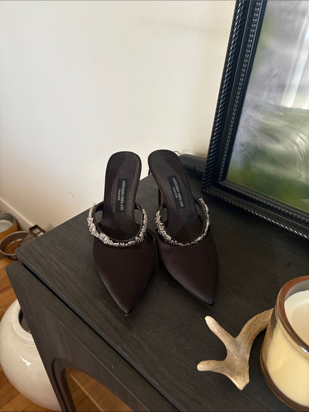 ANTONIO MELANI black Pointed-Toe Mule Heels with Crystal Strap